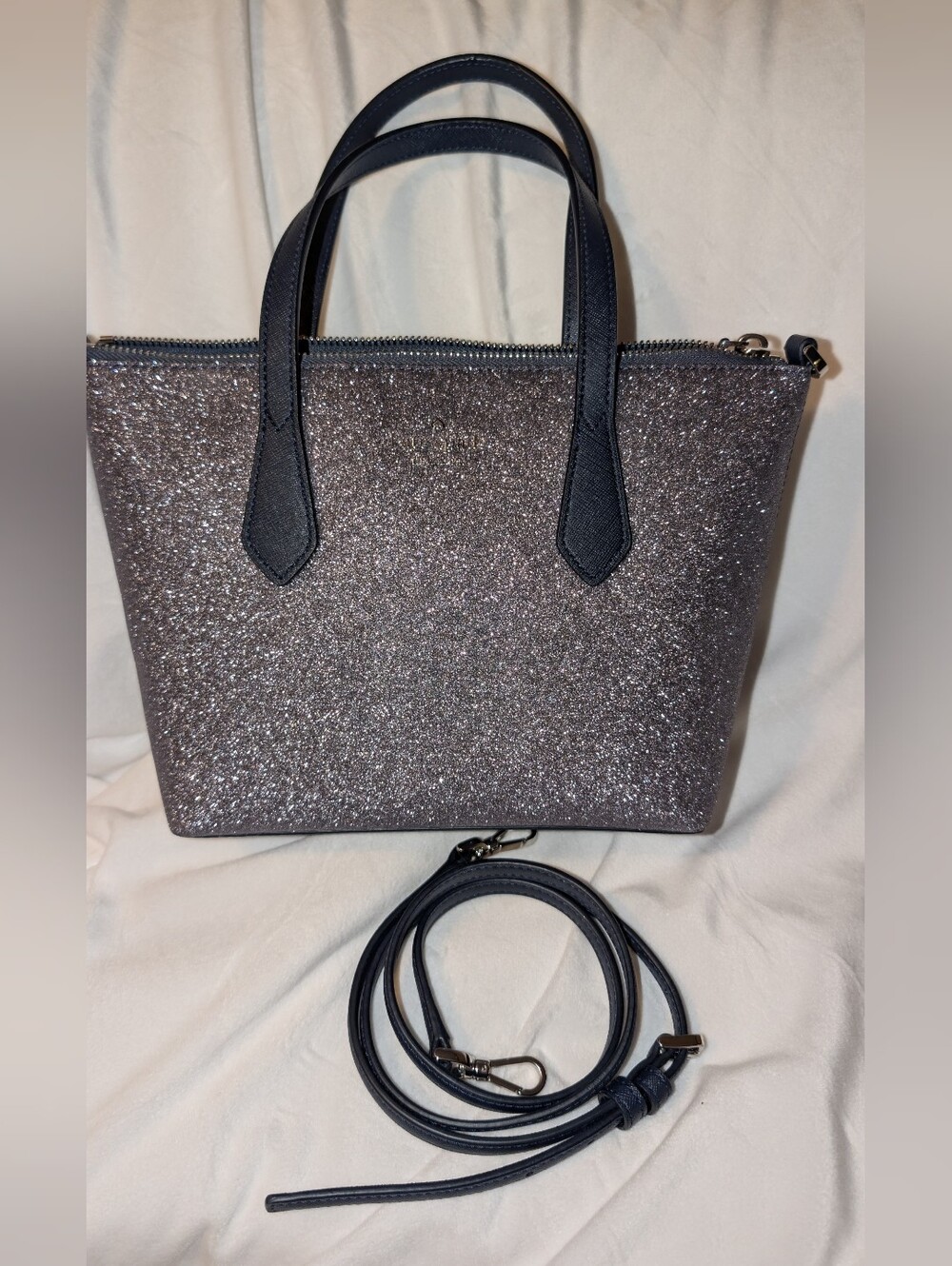 Kate Spade Joeley Small Glitter Tote Crossbody Bag Navy Silver Sparkle